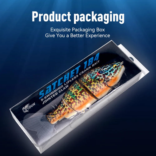 Fishing swimbait packaging box with clear window showing two patterned lures