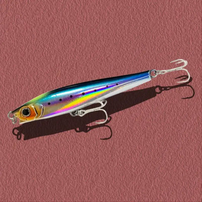 Metallic lipless minnow lure with rainbow blue-green body and three treble hooks