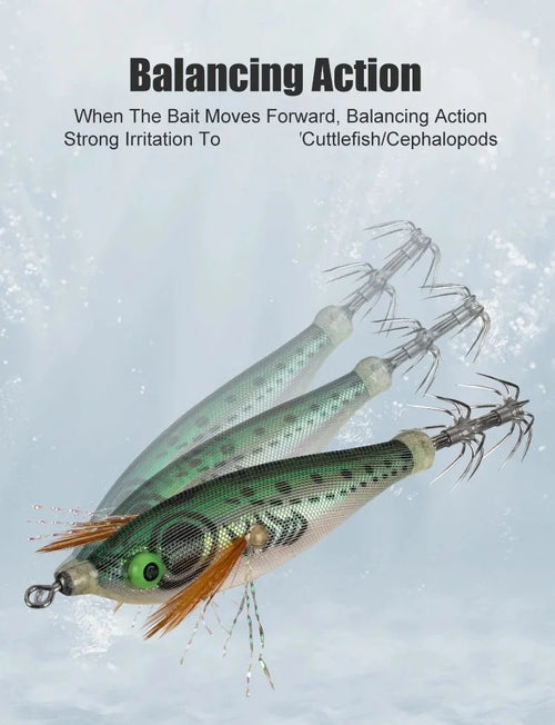 Two green shrimp-style squid jigs with multiple feathered tentacle strands