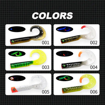 Assorted soft fishing lure colors, featuring multiple single-tail silicone shapes.