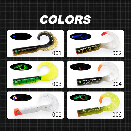 Assorted soft fishing lure colors, featuring multiple single-tail silicone shapes.