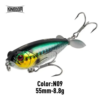 Topwater trolling pencil lure, dark blue-green with yellow belly, red eye, 55mm, 8.8g