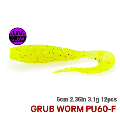 TSURINOYA curled grub worm soft bait, bright yellow UV glow, 60mm 3.1g, 12pcs