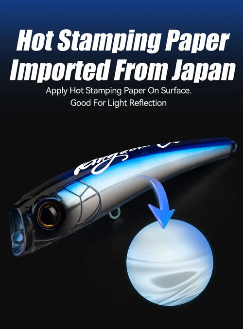 Blue and silver floating fishing lure with round eye and attached hooks