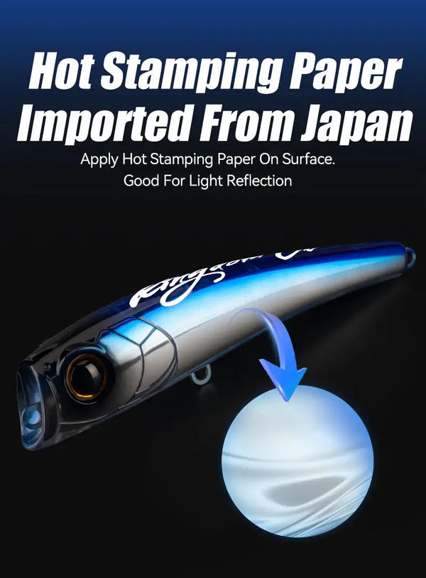 Blue and silver floating fishing lure with round eye and attached hooks