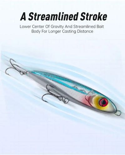 Leydun ministre jack sinking pencil lure in silver and blue metallic with weighted transfer and red yellow black eye detail