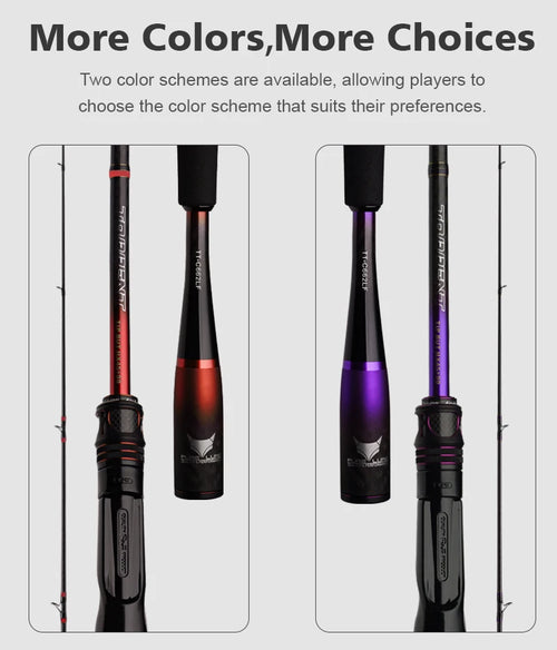 Fishing rod color choices side by side, red and purple versions with reel seats