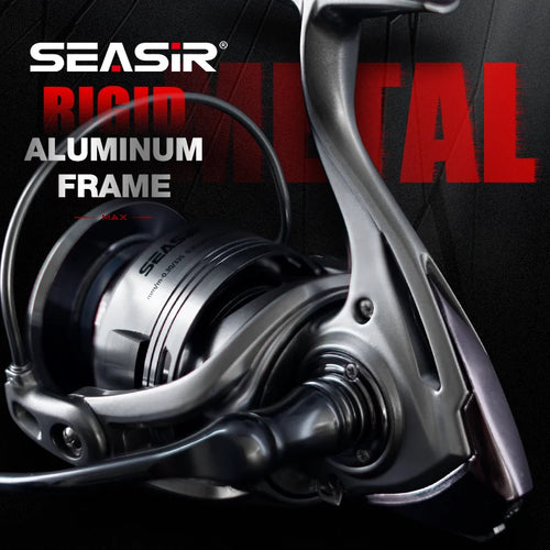 Fishing reel close-up featuring aluminum frame and black spool assembly