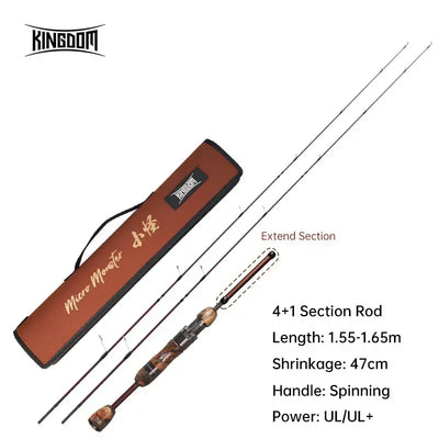 Brown flannel rod case and 4+1 section micro fishing rod with cork grip, extendable