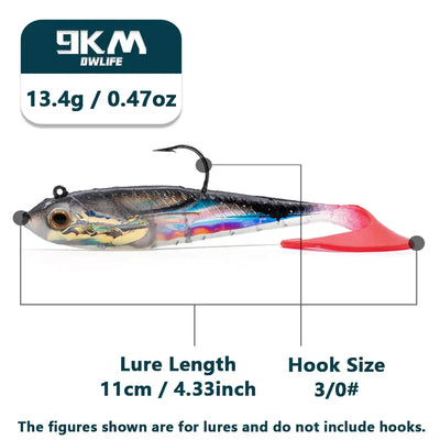 Silver-blue paddle-tail swimbait lure with pink tail fin and jig head
