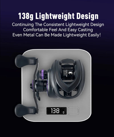 Black baitcasting reel with dual side handle and 138 g weight display