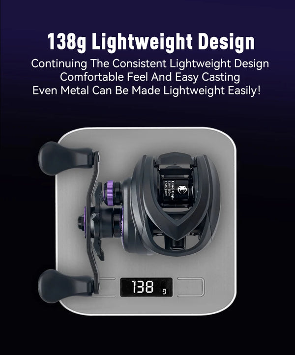 Black baitcasting reel with dual side handle and 138 g weight display