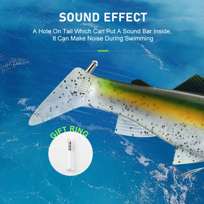 Green and silver paddle-tail swimbait with tail sound bar insert concept