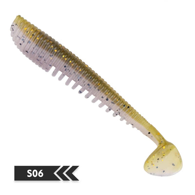 Soft silicone shad fishing lure, pale yellow with gold stripe and speckles, paddle tail