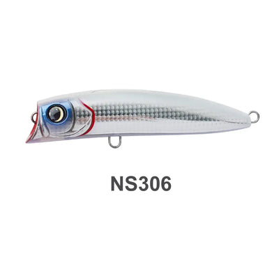 NS306 topwater popper lure, silver-white body with blue eye and red accents