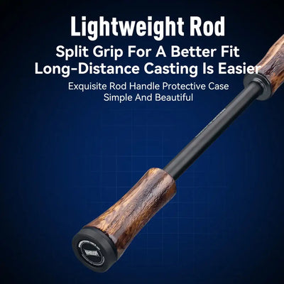 Lightweight split-grip fishing rod with brown wooden butt and dark protective end cap