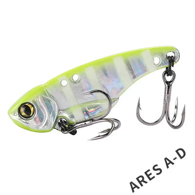A translucent lime-green and silver tsurinoya ares-a metal vib lure with 3d eye, dual line-tie, and two treble hooks