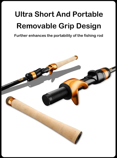 Telescopic fishing rod with removable grip and cork handle, black shaft and orange accents