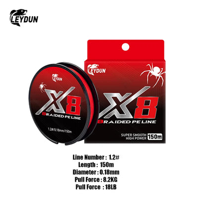 LEYDUN X8 braided PE line package, black spool and red card, 12.2#
