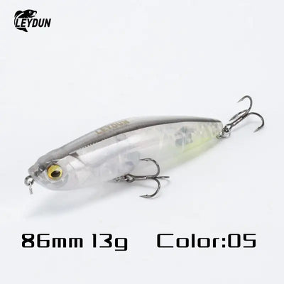 LeyDun Z-Claw transparent bionic fish lure with gold eyes and silver metal hooks for walk-the-dog topwater fishing