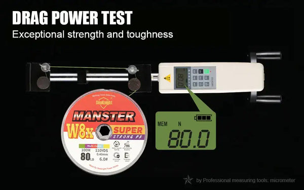 PE fishing line spool with drag power test setup, labeled MANSTER W8x