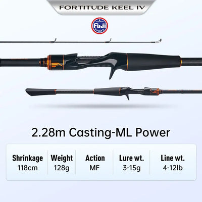 2.28m casting ML power fishing rod, black blank with orange accents and Fuji badge