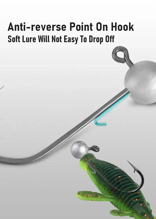 Anti-reverse micro jig head hook with soft lure secured near the round lead head