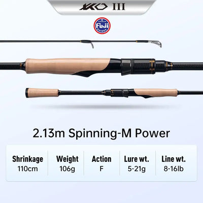 2.13m spinning fishing rod, black graphite blank, tan handle, Fuji guides, reel seat