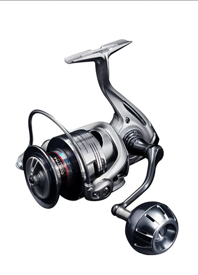 Spinning fishing reel in silver and black with curved handle, front drag knob