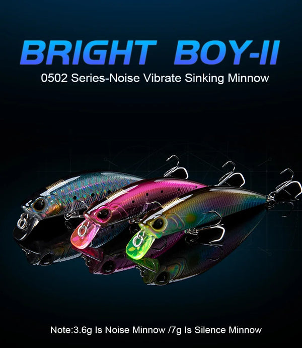 Set of three noise vibrating sinking minnow lures, colorful bodies with treble hooks