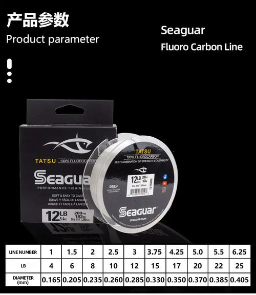 Seaguar fluorocarbon line product parameter chart with line number and lb table