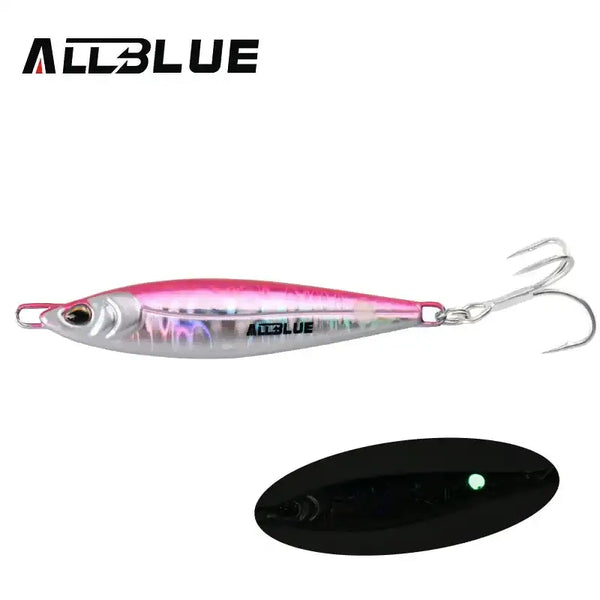 ALLBLUE metal jigging spoon lure, pink holographic body with treble hook
