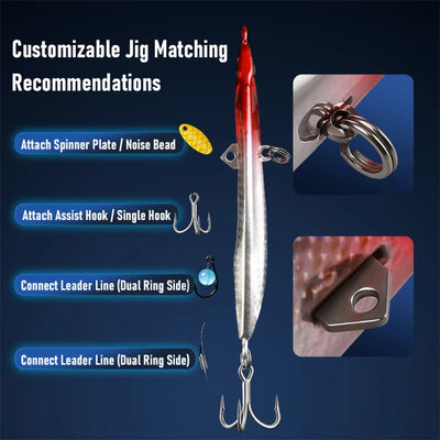 Single long casting jigging lure with treble hooks and weighted metal body