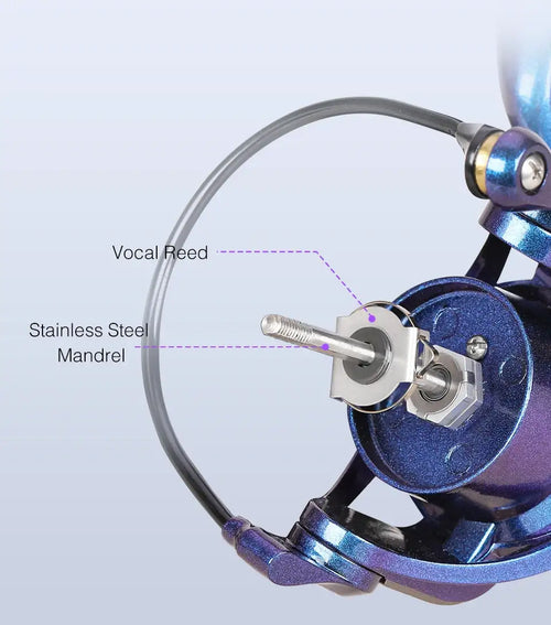 Spinning reel mandrel and curved bail with stainless steel vocal reed detail