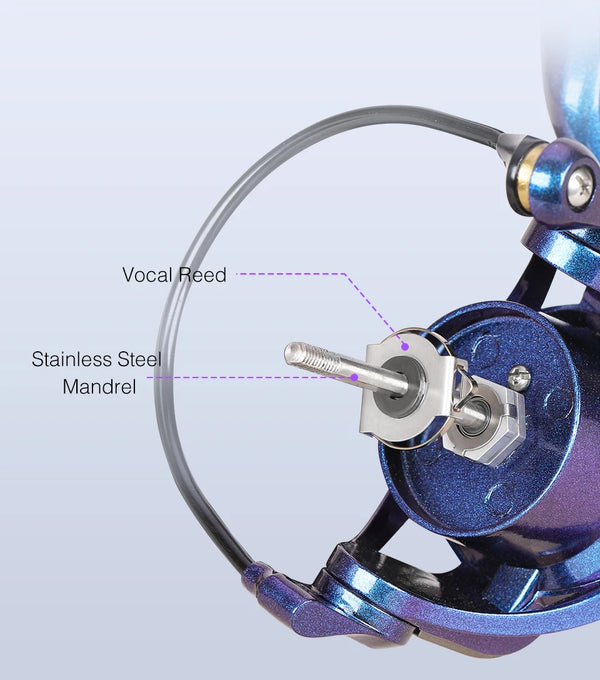 Spinning reel mandrel and curved bail with stainless steel vocal reed detail