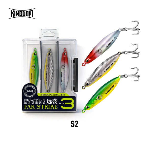 S2 three-piece lure set blister: green, silver-blue, and red jigs with treble hooks