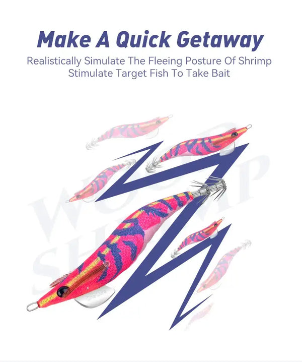 Red and pink striped squid jig lure shown at angles with silver tentacle hooks