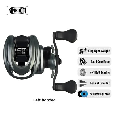 Left-handed baitcasting reel with black handle and 130g light-weight design