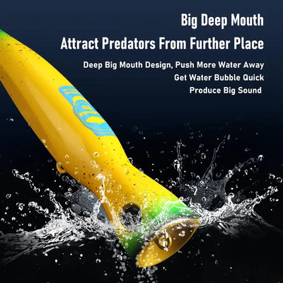 Yellow-and-green deep mouth floating popper lure with black eye and blue side marking