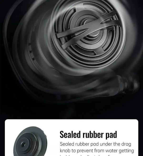 Black spinning reel spool interior with sealed rubber pad on drag knob