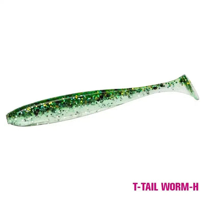 Soft T-tail worm lure, green body with silver belly and gold glitter speckles