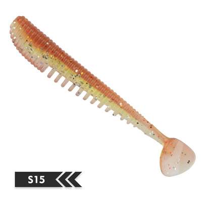 Orange translucent soft fishing lure swimbait with speckled body and segmented tail