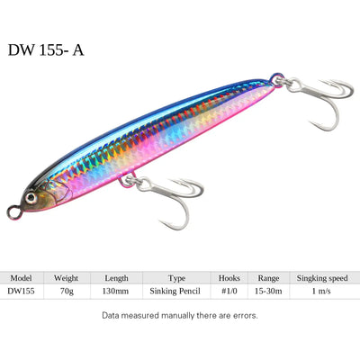 Blue and pink iridescent sinking pencil fishing lure with treble hooks, DW155-A