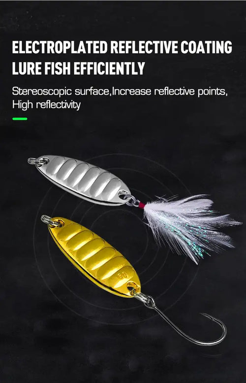 Gold and silver metal spoon lure with feather tail and treble hook