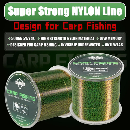 Speckled green fishing line on spool, monofilament sinking design