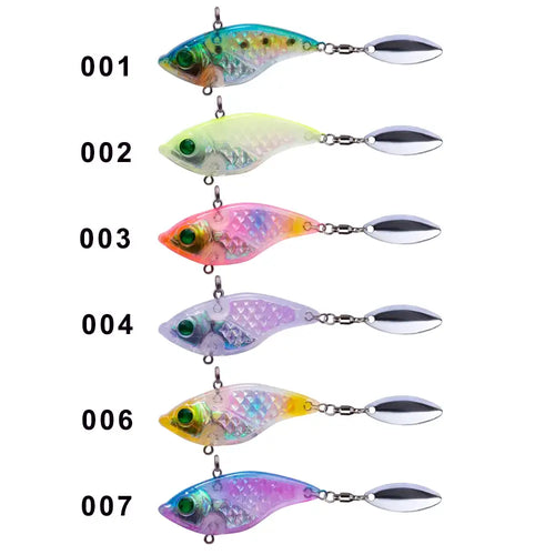Assorted spinner fishing lures lineup with metallic blades and painted bodies.
