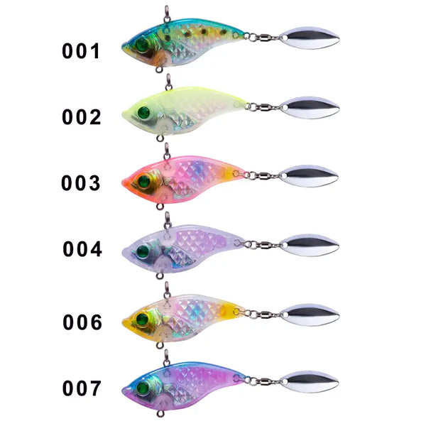 Assorted spinner fishing lures lineup with metallic blades and painted bodies.