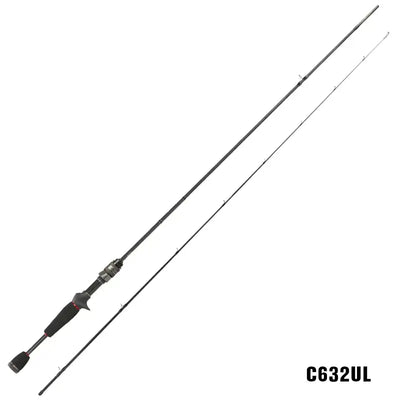 Spinning fishing rod with black handle and reel seat, C632UL model, 1.89 m.