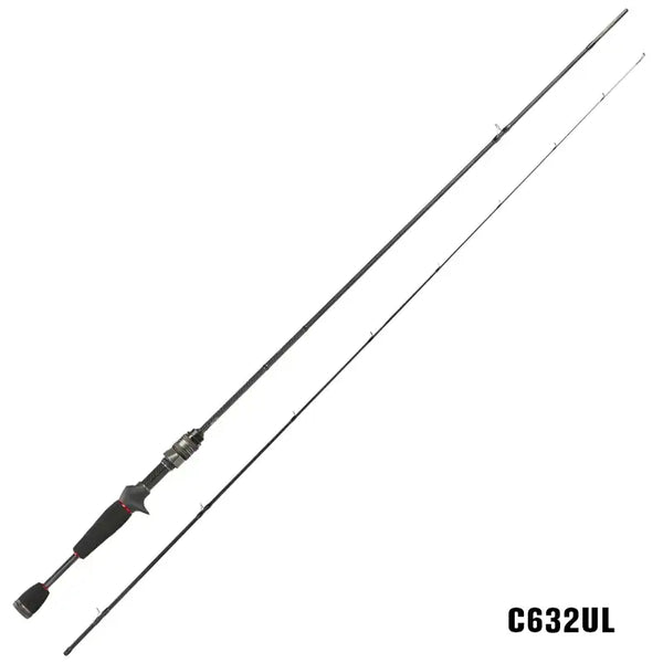 Spinning fishing rod with black handle and reel seat, C632UL model, 1.89 m.