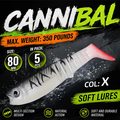 White paddle tail swimbait with red tail tip, soft body with black gill lines.